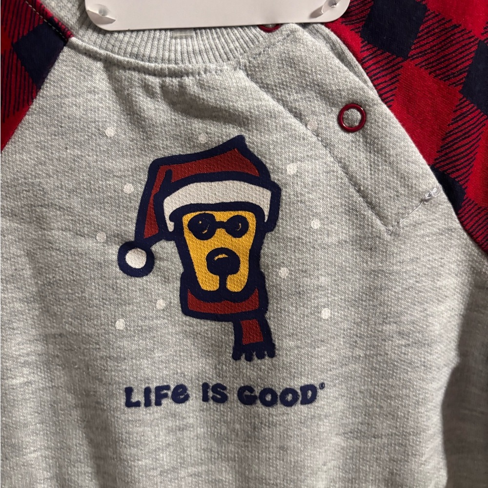 Life Is Good Gray romper with Red Plaid Accent hat